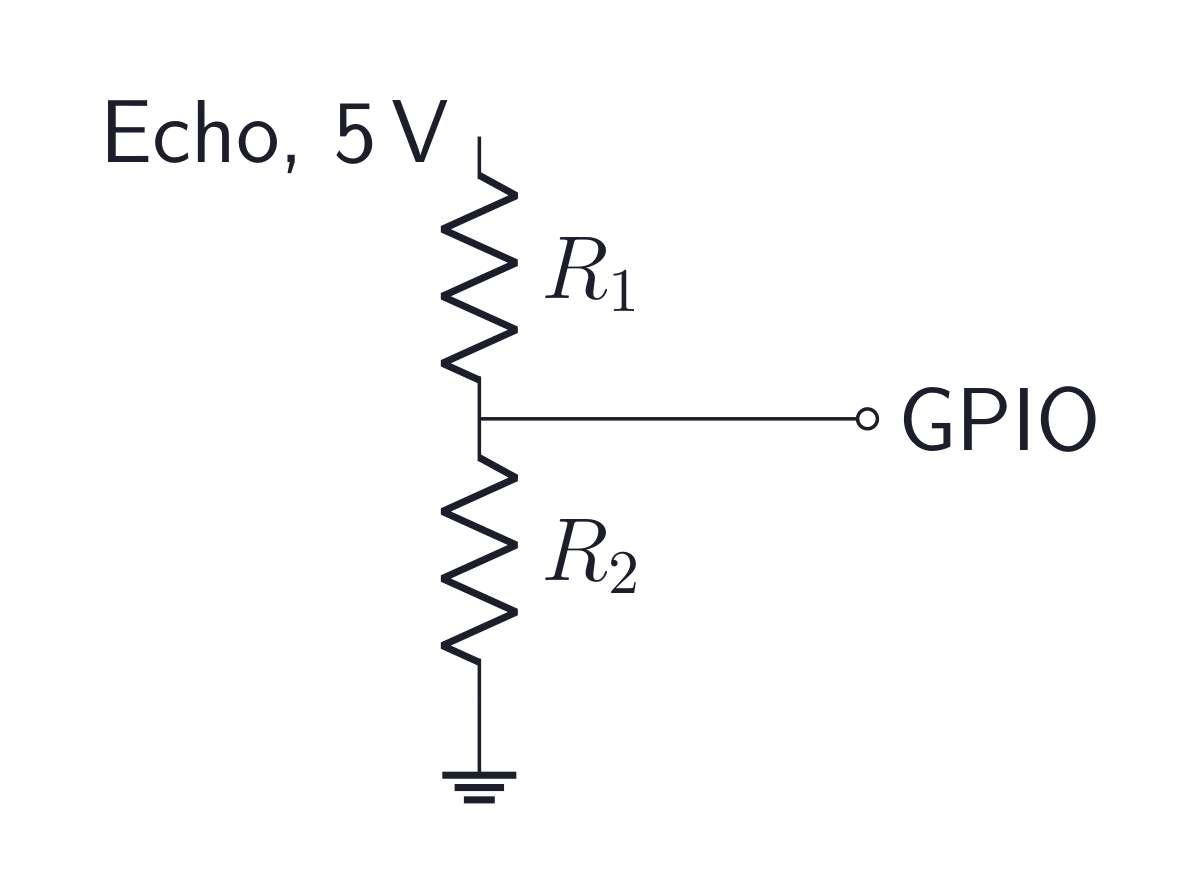 HC-SR04 Echo voltage divider: the 5 V Echo output feeds a resistor divider, and its midpoint feeds a Raspberry Pi GPIO input. The lower resistor returns to common ground, reducing the input voltage to a safe level.