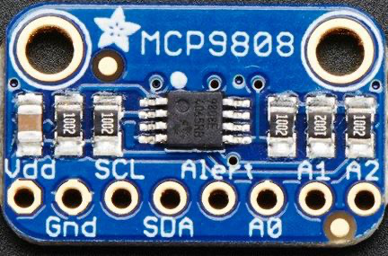 MCP9808 temperature-sensor breakout board with labeled Vdd, ground, SCL, SDA, alert, and address-selection pins A0, A1, and A2. Photo: Adafruit.