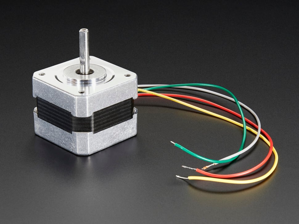 NEMA 17 stepper motor with a square body, output shaft, mounting holes, and four coil leads. Photo: Adafruit.